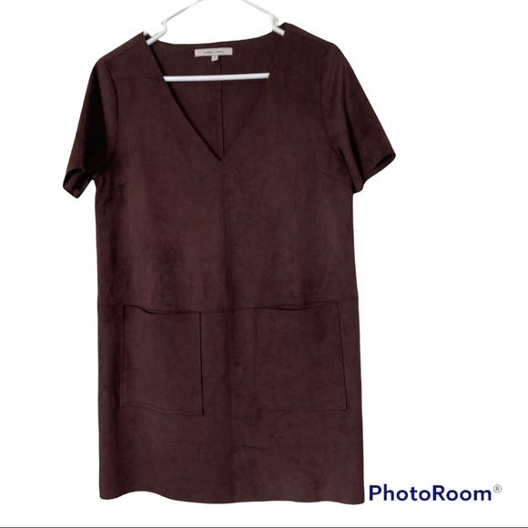 Naked Zebra Suede Short Sleeve Dress Size Small Brown pockets Micro-Mini Length - Picture 5 of 7